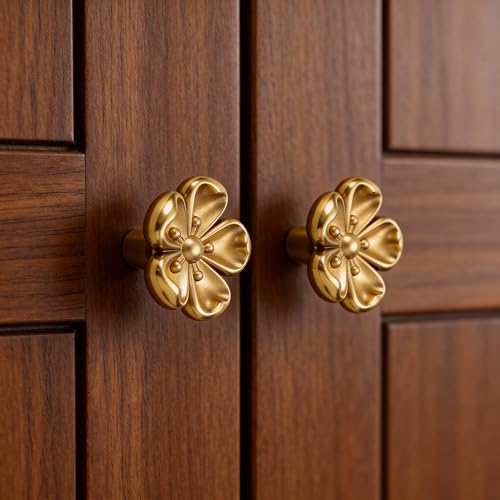Solid Brass Gold Cabinet Knobs Flower Dresser Handles Pulls Brushed Drawer (Gold)