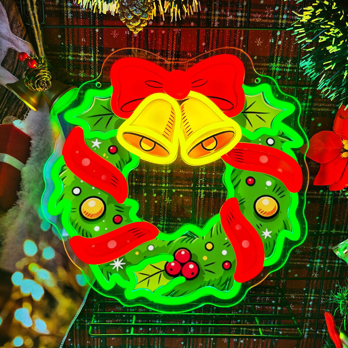 Christmas Wreath Neon Sign Dimmable Christmas Bell Bow LED Neon Light (SDHH)