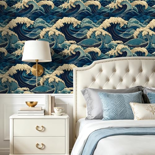 Vintage Coastal Wave Peel and Stick Wallpaper Navy Blue Cream Seamless Ocean Oriental Removable Waterproof Contact Paper for Accent Wall Bathroom Bedroom Nursery Kids Room Home Décor