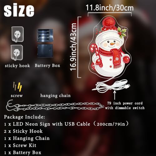 Christmas Snowman Neon Sign Dimmable Christmas Led Neon Sign for Wall Decor (Multicolor-Snowman)