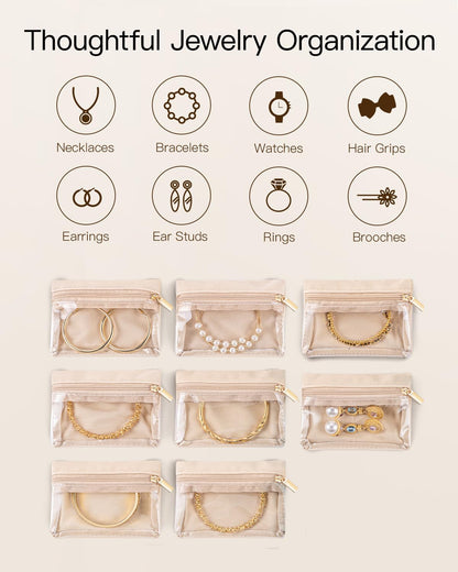 Travel Jewelry Box with 8 Clear Velvet Zipper Pouches (C.8 PCS Green)