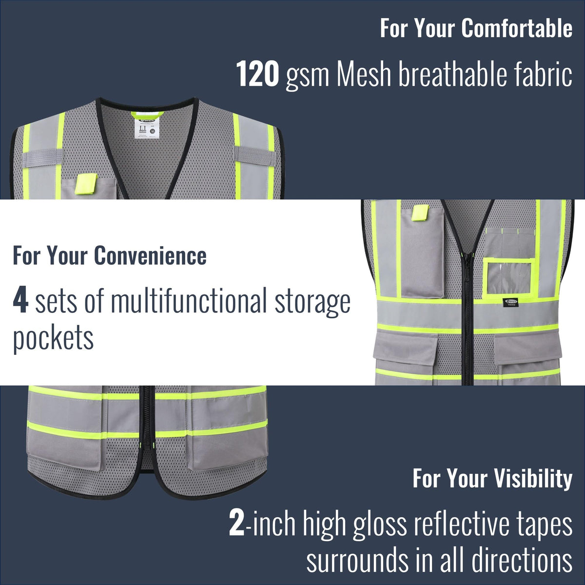 Safety Vest for Men Women Hi Vis Vest with Pockets and Zipper High Visibility Reflective Safety Vests Meet ANSI Standard Grey Color Extended Yellow Strips (Grey / XX-Large)