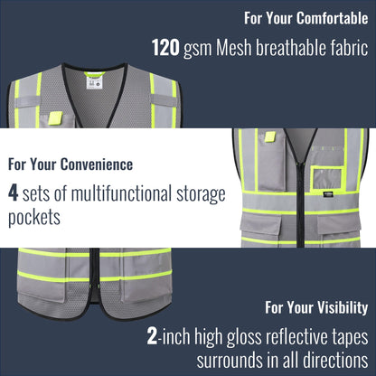 Safety Vest for Men Women Hi Vis Vest with Pockets and Zipper High Visibility Reflective Safety Vests Meet ANSI Standard Grey Color Extended Yellow Strips (Grey / XX-Large)