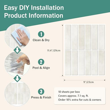 10 Sheet Peel and Stick Backsplash White Stick on Tile