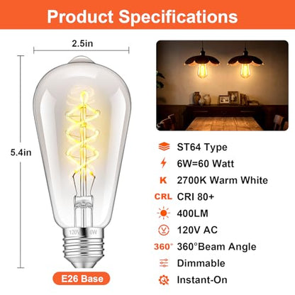 ST64 Edison Bulb E26 Dimmable (6w-2700k Amber Warm White(gray))