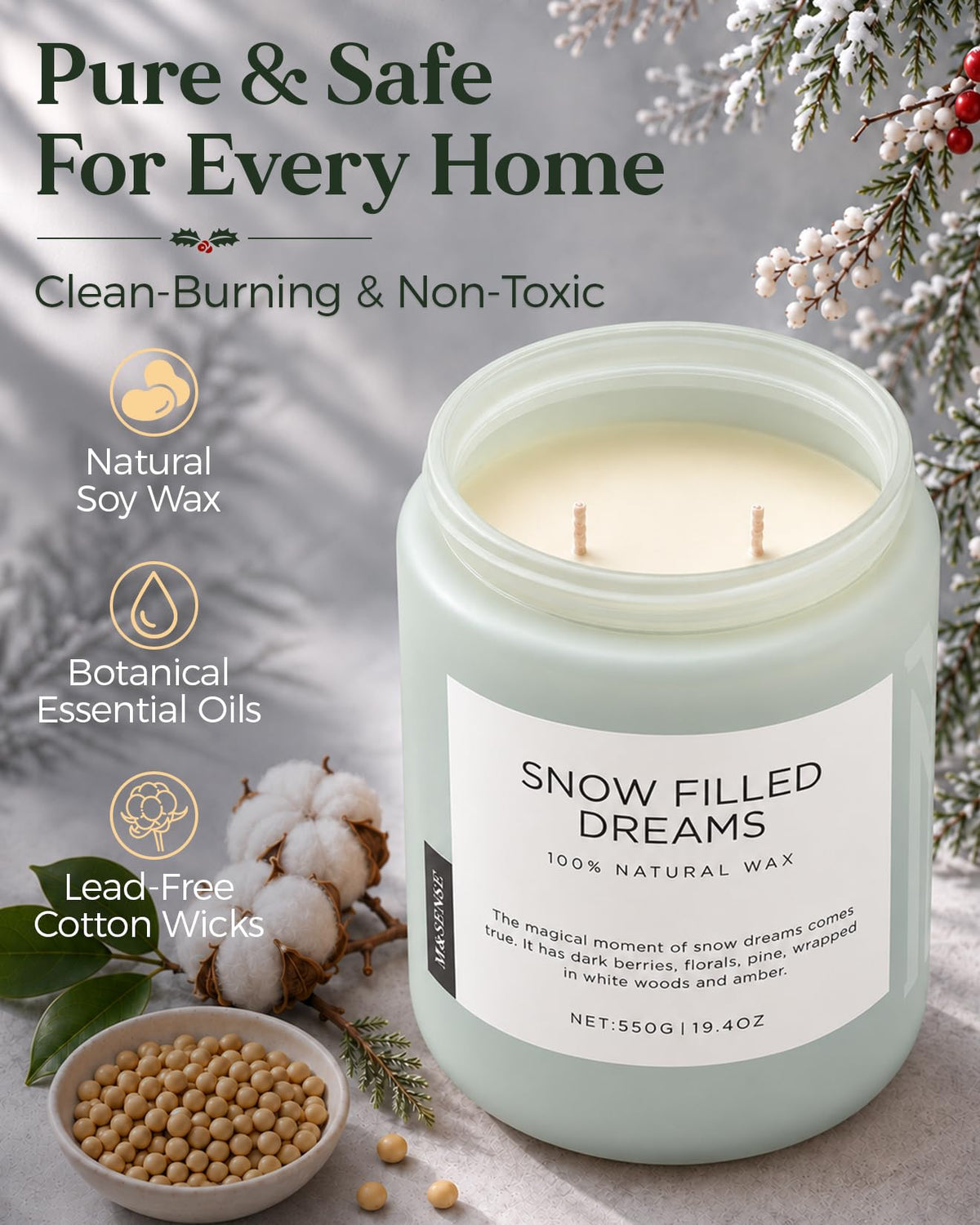 Snow Filled Dream Scented Winter Candle Non Toxic for Holiday Gifts (Large Jar / Snow Filled Dreams)