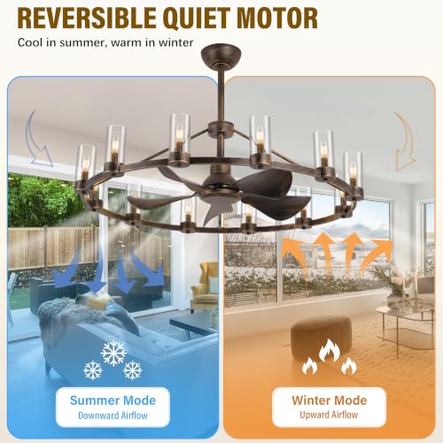 44" Wagon Wheel Chandelier Ceiling Fan with 12 Lights