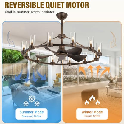 44" Wagon Wheel Chandelier Ceiling Fan with 12 Lights