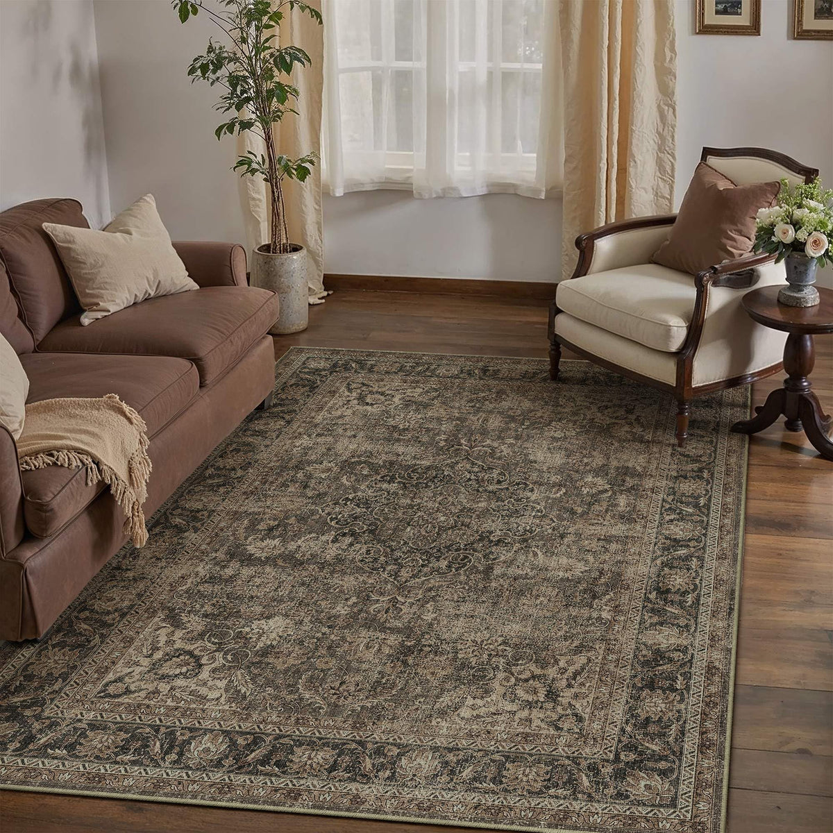 4x6 Washable Area Rug Brown Vintage Rug for Entryway (Brown/Black / 4' x 6' (Rectangular))