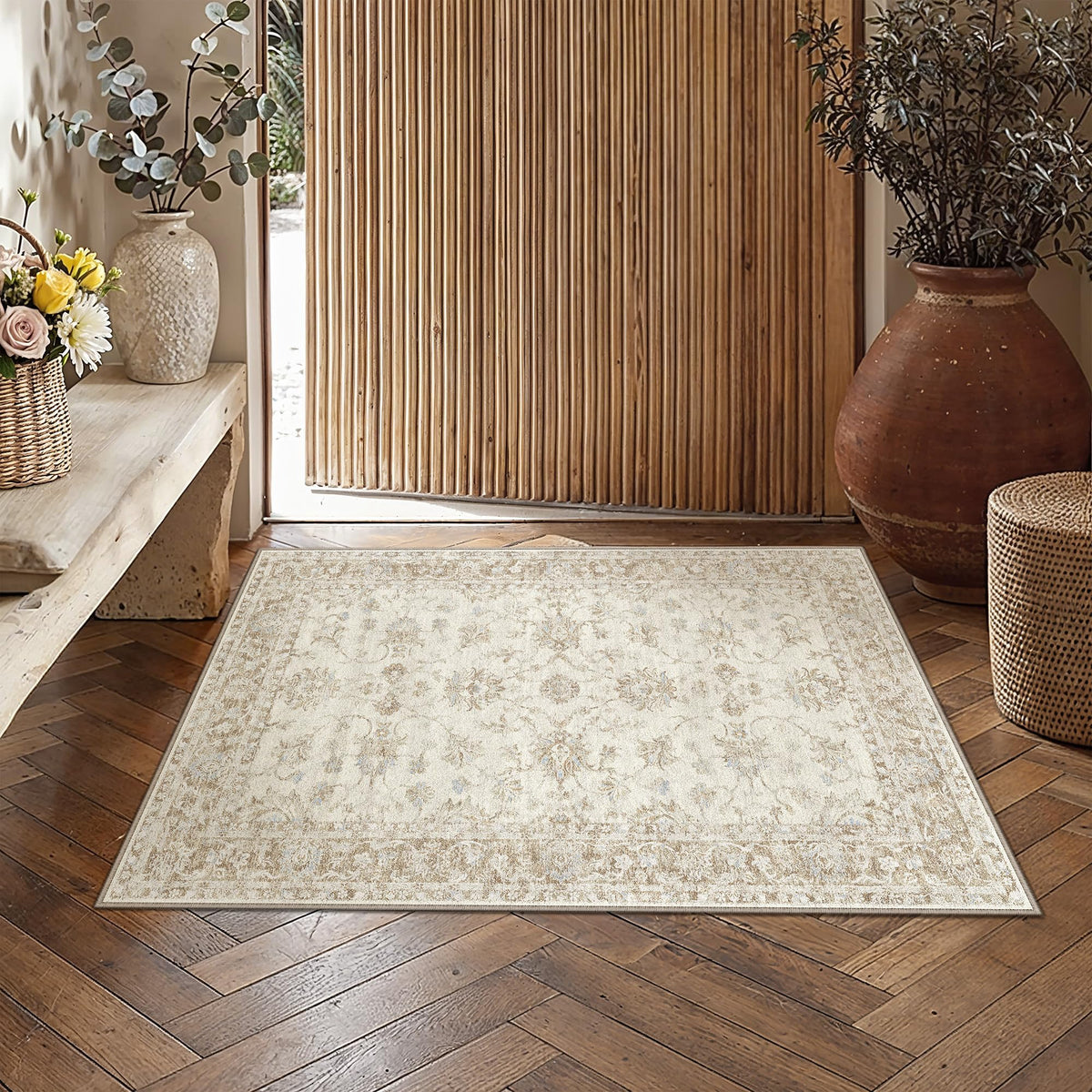 2x3 Beige Neutral Floral Entryway Area Rug (Floral | Beige / 2' x 3' (Rectangular))