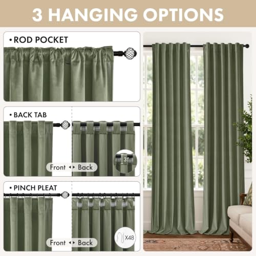 Sage Green Velvet Curtains 4 Panel Set Back Tab 40 x 96 Inch Long (Sage Green / 40"W x 96"L (Pack of 4))