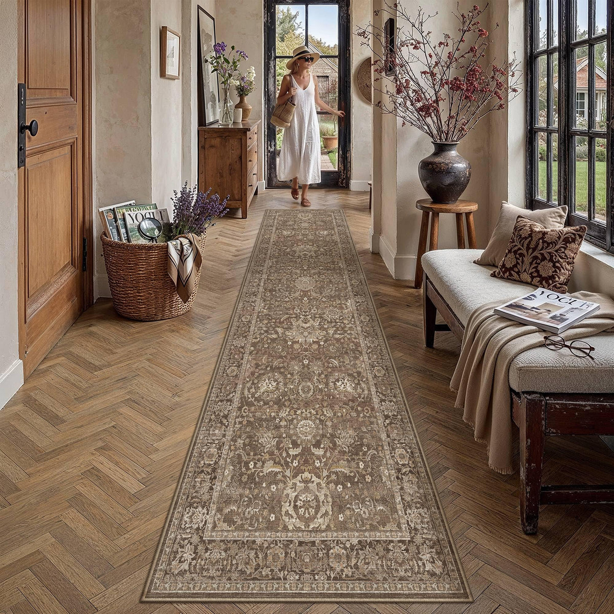 Hallway Runner Rugs 2'6 x 14' Brown Vintage Rug (Retro | Brown / 2'7" x 14' (Runner))