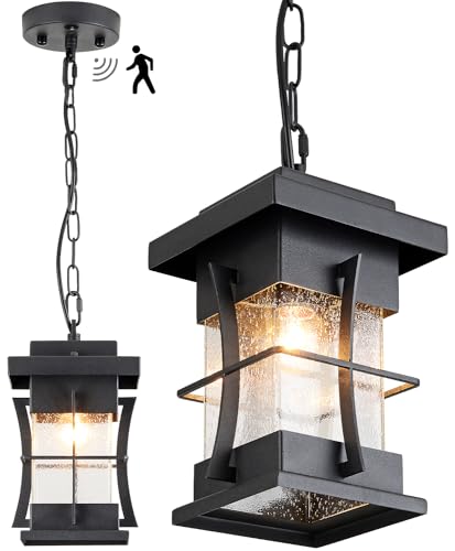 Outdoor Pendant Light Black Mission Style Hanging Lantern with Seeded Glass Waterproof Outdoor Ceiling Mount Light