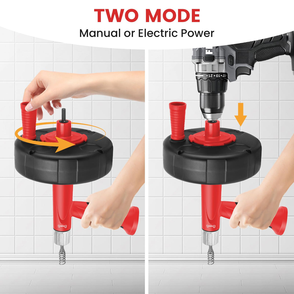 Drain Auger Plumbing Snake with Drill Adapter (Red)