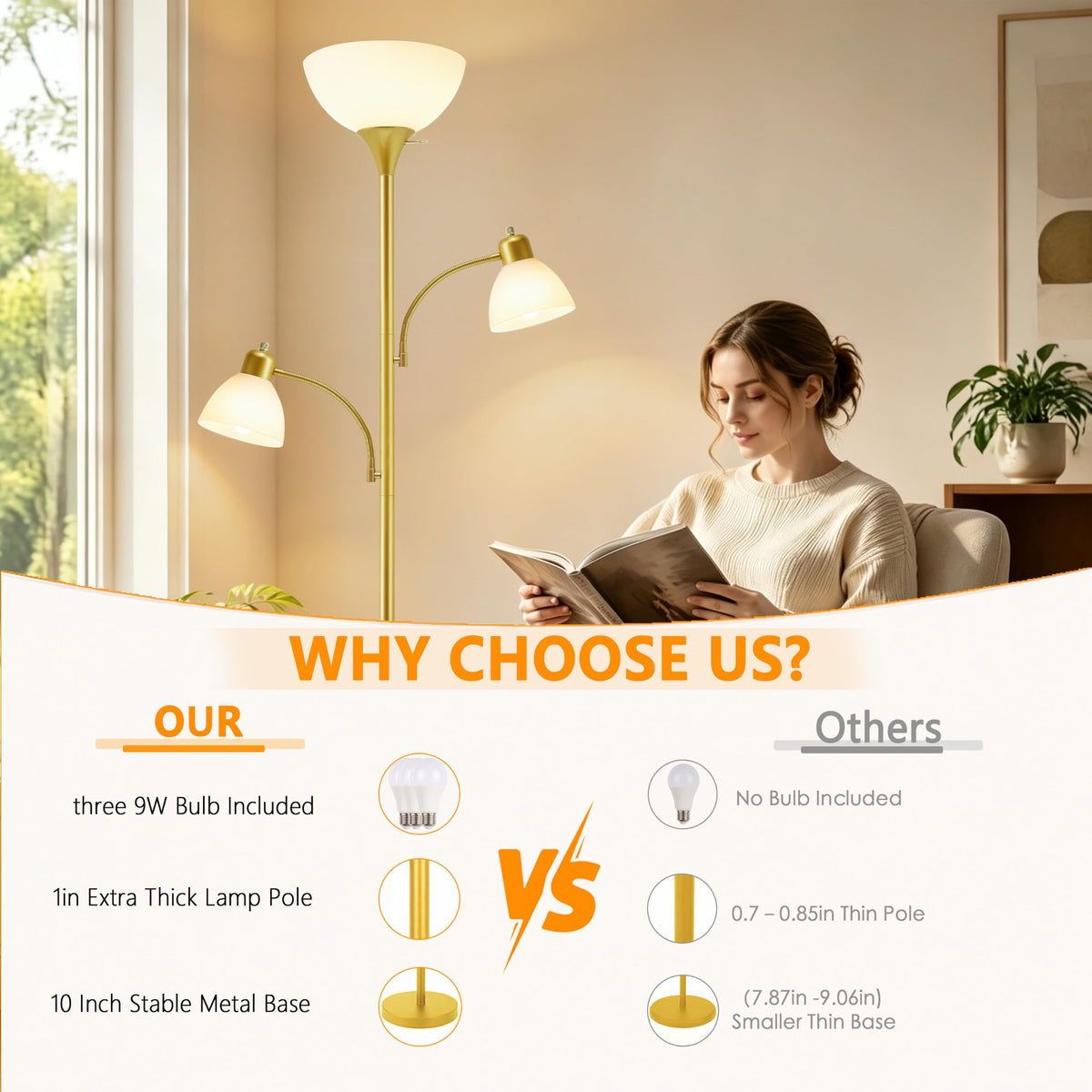 3 Head Torchiere Floor Lamps with 2 Reading Lamp for Living Room (Gold)