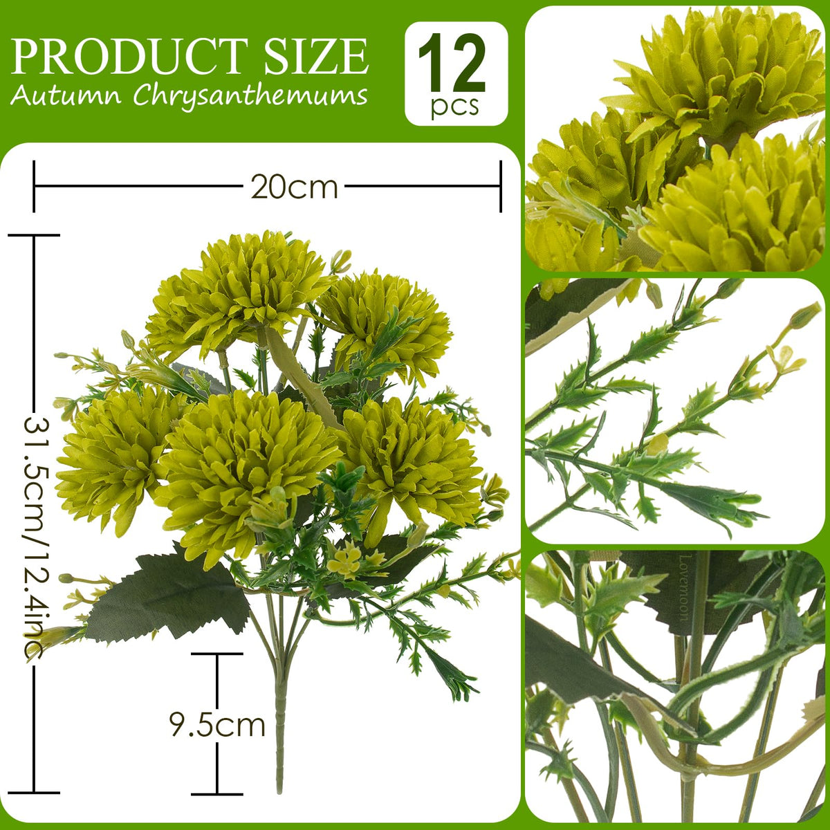 12Pcs Artificial Chrysanthemum Flowers (Green)