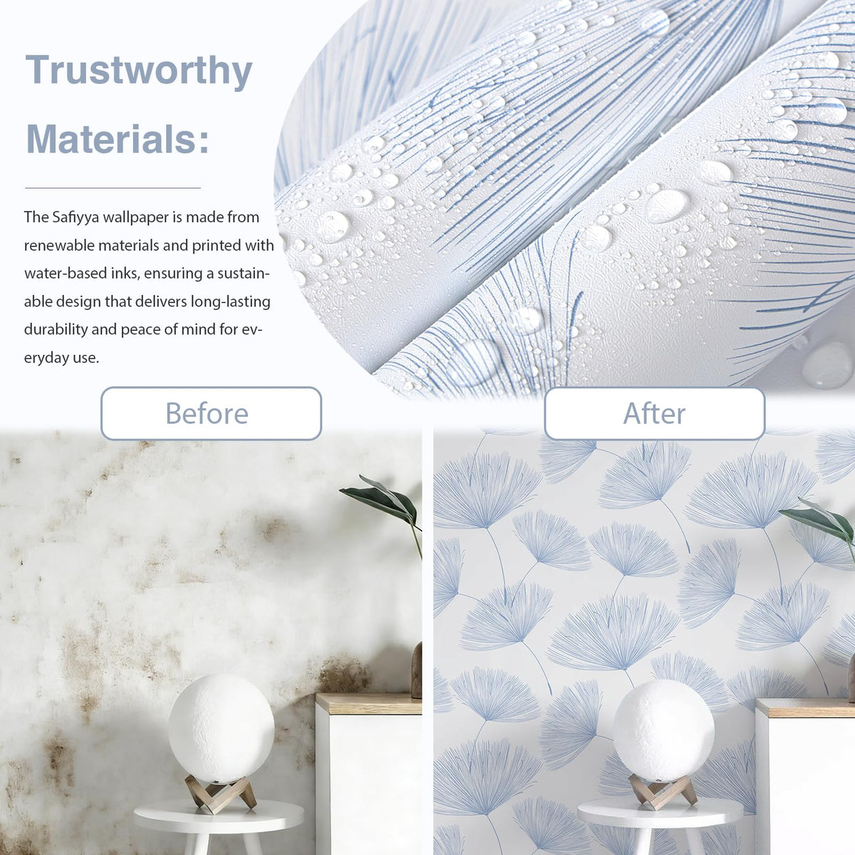 Blue and White Peel and Stick Wallpaper Dandelion 17.3in x197in Contact Paper Peel and Stick Wall Paper Modern Boho Self Adhesive Removable Vinyl Wallpaper for Bedroom Bathroom (Blue/White / 17.3" x 197")