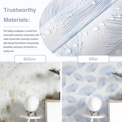 Blue and White Peel and Stick Wallpaper Dandelion 17.3in x197in Contact Paper Peel and Stick Wall Paper Modern Boho Self Adhesive Removable Vinyl Wallpaper for Bedroom Bathroom (Blue/White / 17.3" x 197")