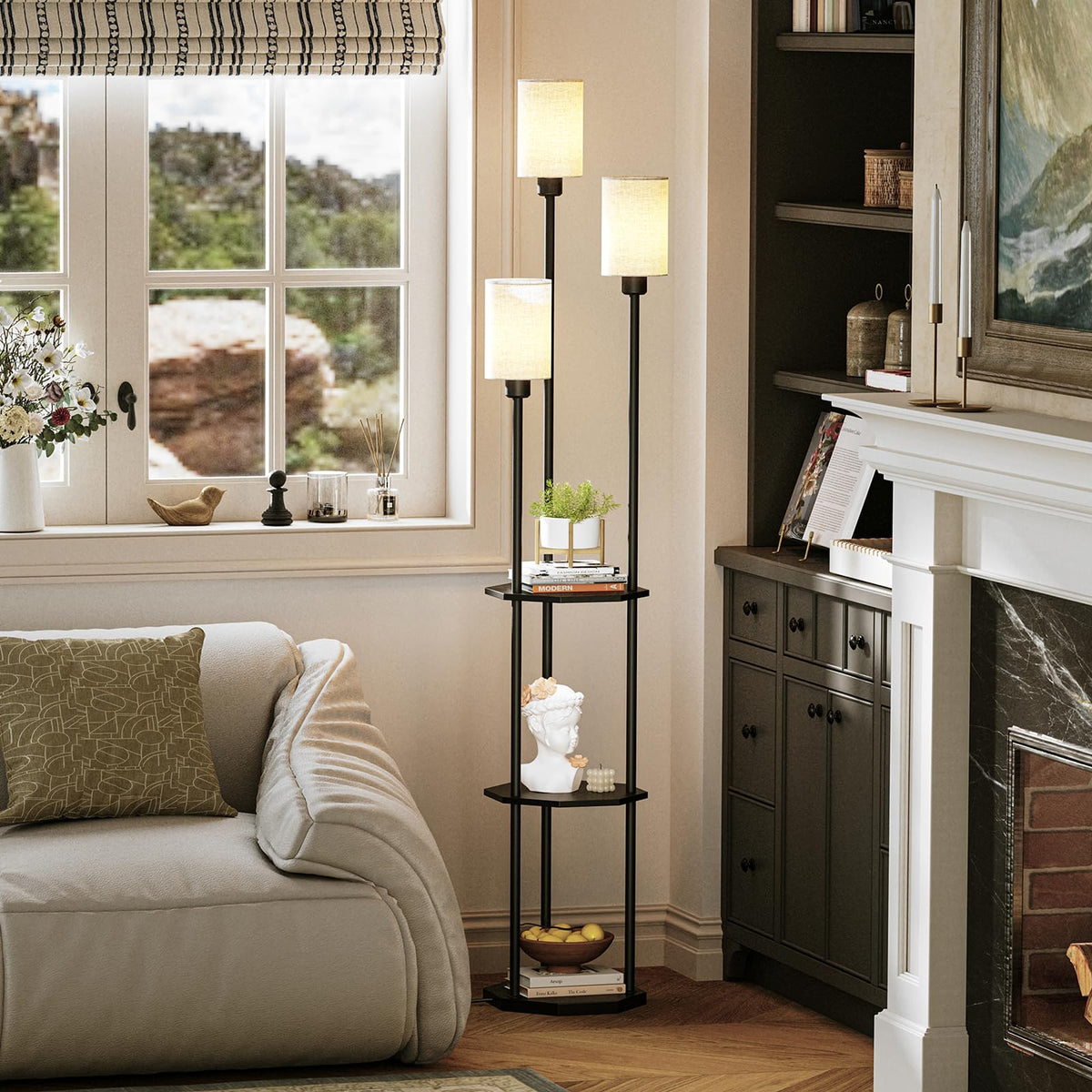 Floor Lamp with Shelves (Black and Beige)