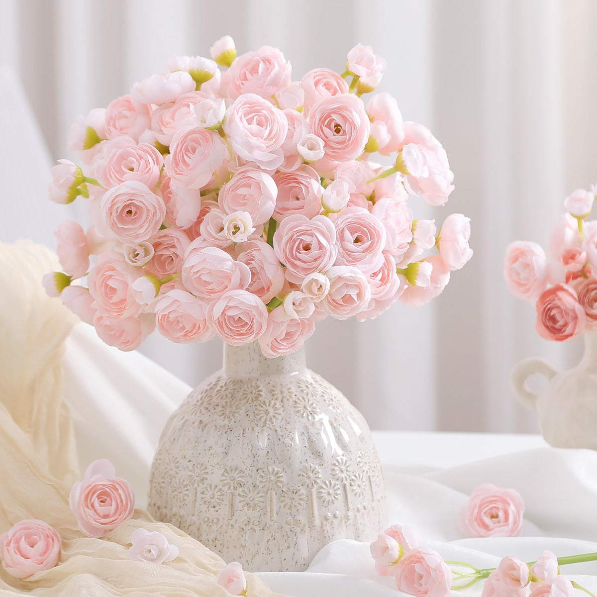 54Pcs Ranunculus Artificial Flowers Faux Silk Mini Flowers Indoor (Shabby Blush)