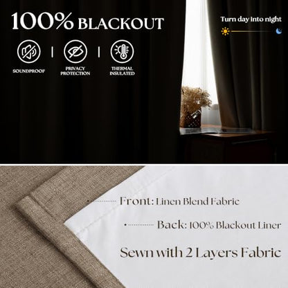 Dark Flax 100% Black Out Pinch Pleated Curtains 63 Inch Long for Bedroom (Dark Flax / 50"W x 63"L (Pack of 2))