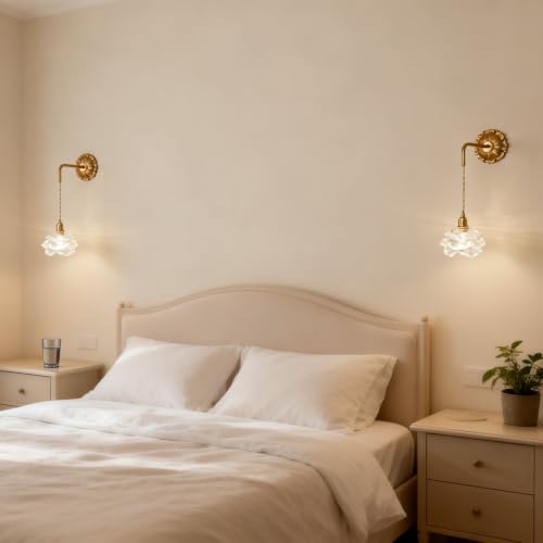 French Retro Floral Glass Wall Sconce with Pull Cord