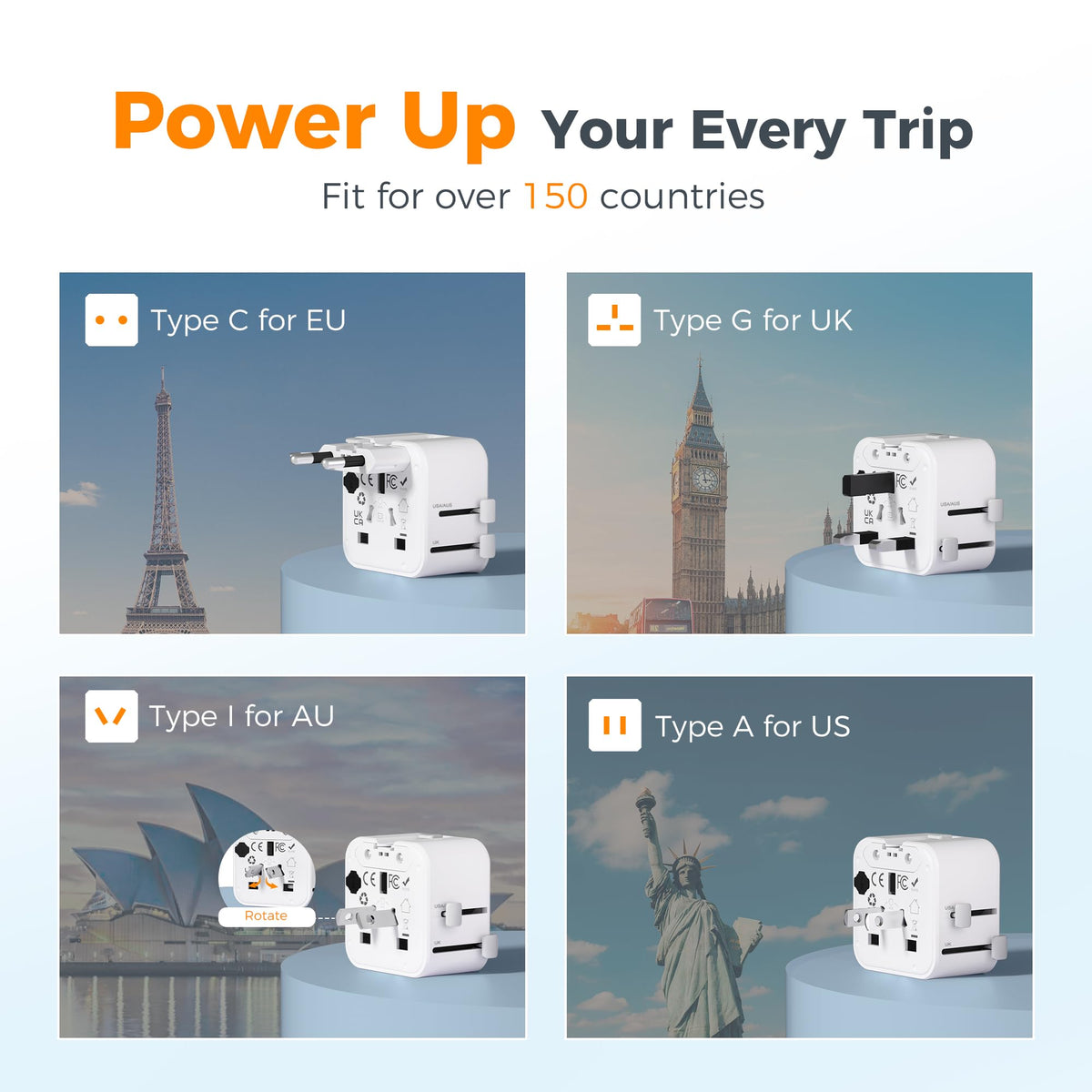 2 Pack Universal Travel Adapter (Grey&White-2 Pack)