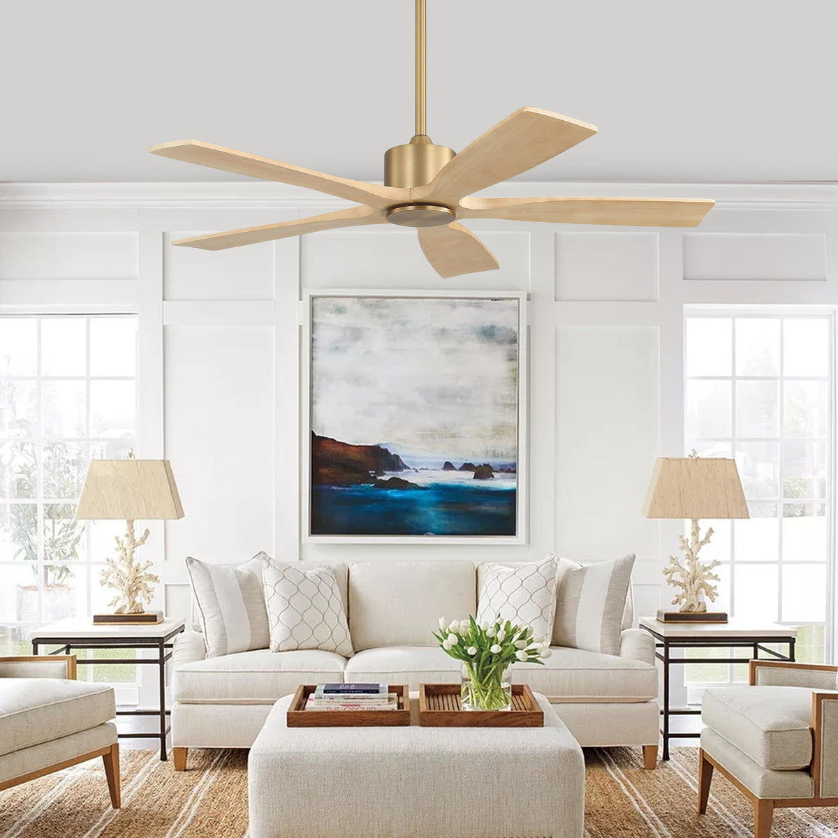 54 Inch DC Ceiling Fans without Light (Aged Brass and Natural Wood / 54")