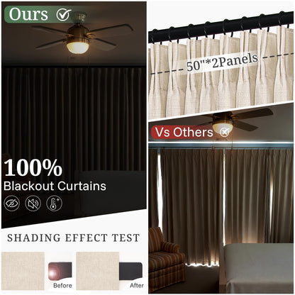 Viral Pinch Pleated Natural Curtains Blackout 96 Inches Long 2 Panels (Natural / 50"W x 96"L (Pack of 2))