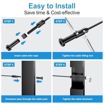 1 8" Cable Railing Kit Hardware Swageless Invisible Cable Railing Tensioner for 2"x2" Wood Post & Metal Post T316 Steel Stainless Deck Cable Railing System