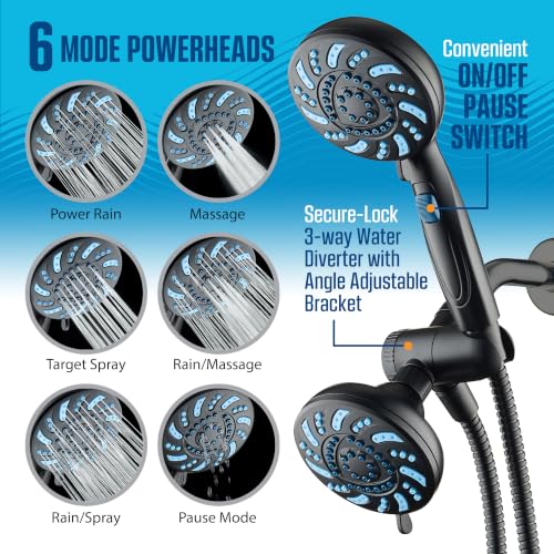 Seen-On-TV High Pressure 8-mode Handheld Shower Head - 2-mode Power Wash to Clean Tub, Tile & Pets, Stay-Clean Nozzles, Extra Long 6 ft. Stainless Steel Hose, Wall & Overhead Brackets, Modern