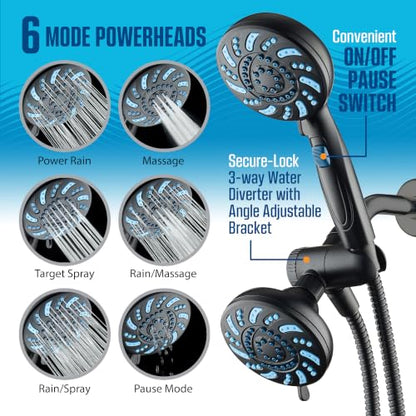 Seen-On-TV High Pressure 8-mode Handheld Shower Head - 2-mode Power Wash to Clean Tub, Tile & Pets, Stay-Clean Nozzles, Extra Long 6 ft. Stainless Steel Hose, Wall & Overhead Brackets, Modern