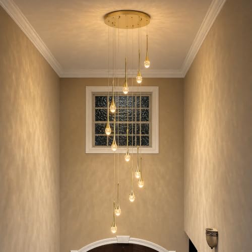 Crystal Chandelier for High Ceiling Foyer Entryway Living Room Staircase Adjustable Height LED Dimmable 2700
