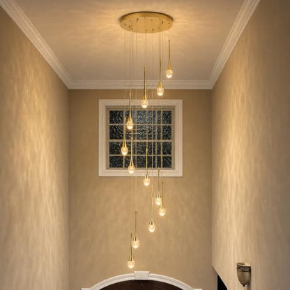 Crystal Chandelier for High Ceiling Foyer Entryway Living Room Staircase Adjustable Height LED Dimmable 2700