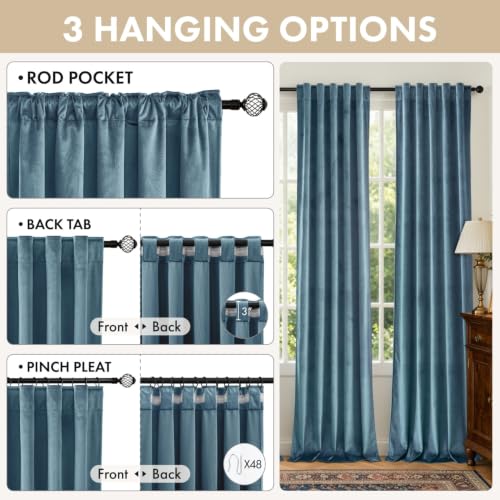 Dark Slate Velvet Curtains 4 Panel Set Back Tab 40 x 84 Inch Long (Dark Slate / 40"W x 84"L (Pack of 4))