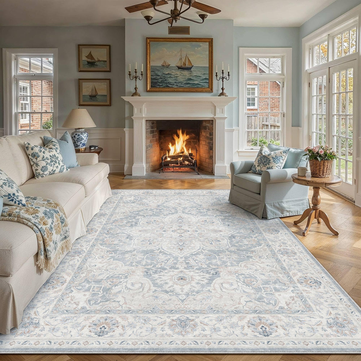 Blue 8x10 Washable Area Rugs Vintage Indoor Carpet (E| Blue / 8' x 10' (Rectangular))