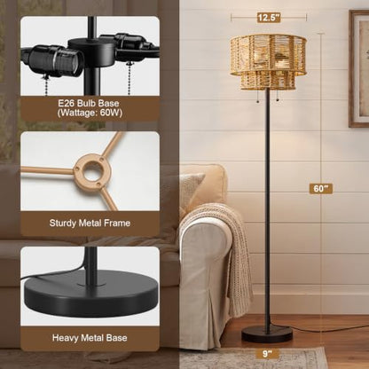 60" Rattan Floor Lamp for Living Room