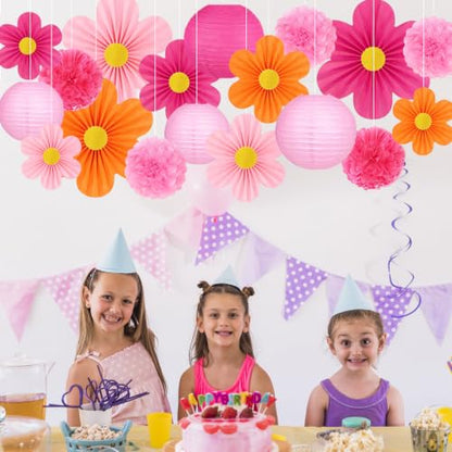 Pink and Orange Party Decorations 19 Pcs Set Including Hanging Paper Lanterns (Pink and Orange)