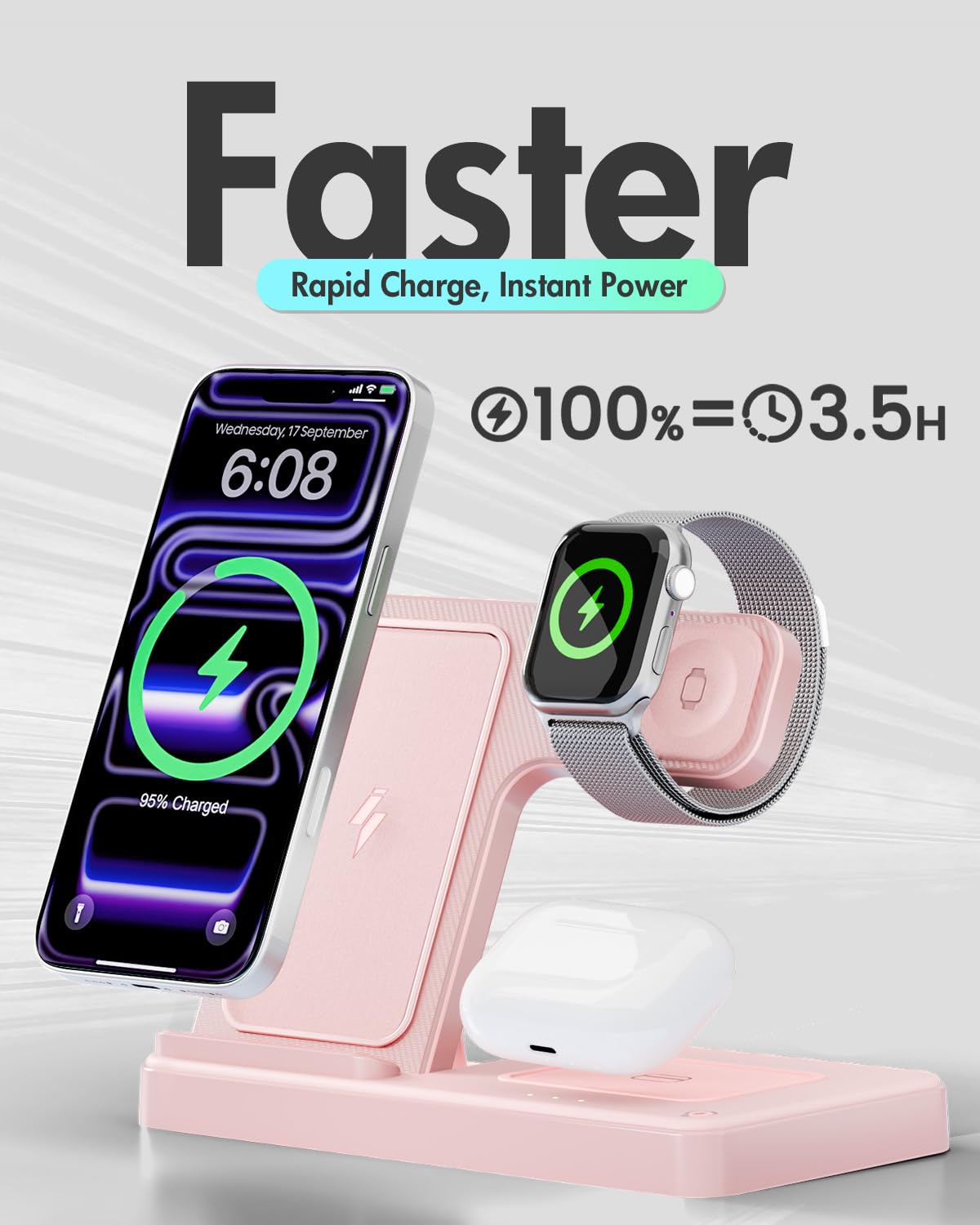 Wireless Charger iPhone Charging Station for Apple Multiple Devices (Pink)
