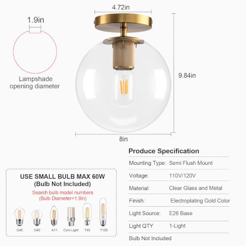 Semi Flush Mount Ceiling Light Fixture with 8in Globe Glass