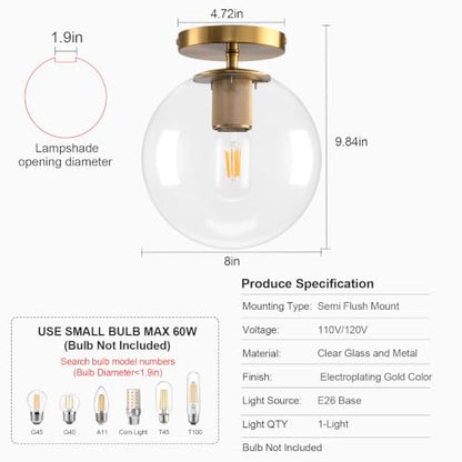 Semi Flush Mount Ceiling Light Fixture with 8in Globe Glass