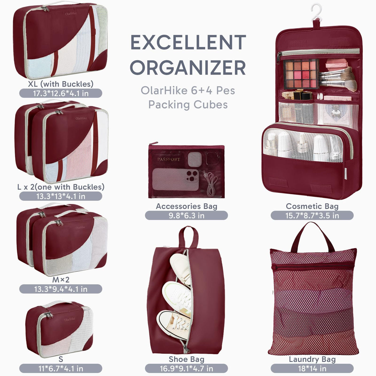 Packing Cubes for Travel (11 Burgundy)