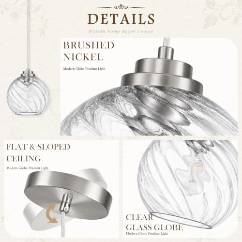 8" Nickel Globe Pendant Light 2 Pack Ribbed Glass Pendant Lights Kitchen Island Height Adjustable Mid (Nickel & Fluted Glass / 8 Inch)