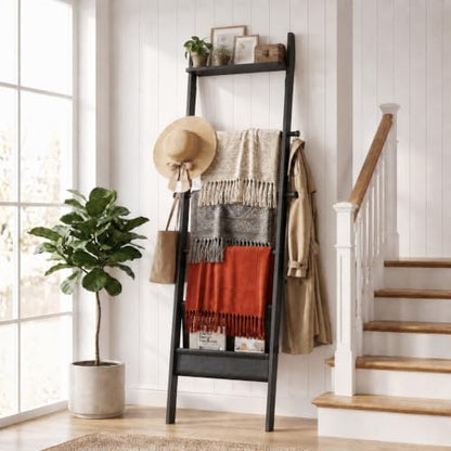 71" 4-in-1 Blanket Ladder for Living Room, 5-Tier Leaning Bamboo Decorative Towel & Quilt Rack with Magazine Leather Pocket