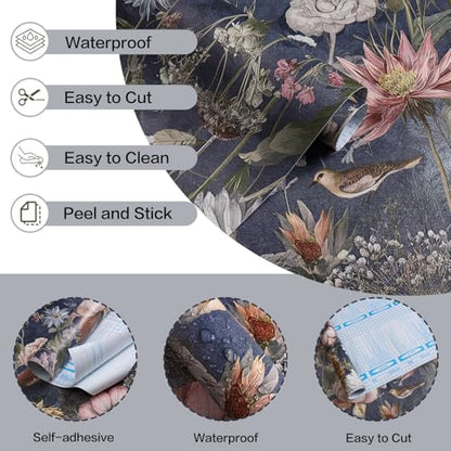 Vintage Floral Wallpaper Peel and Stick Dark Blue Floral Peel and Stick Wallpaper Boho Flower Leaf Contact Paper Bird Self