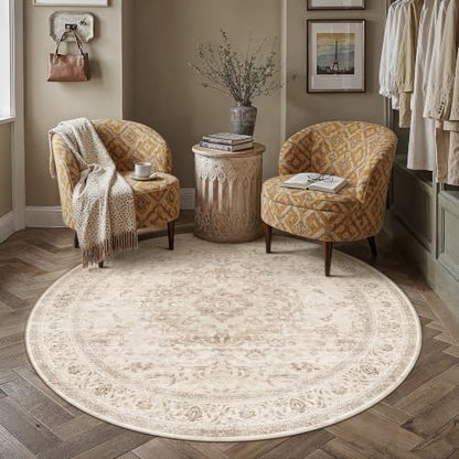 6R Beige Washable Round Rug Non Slip Vintage Carpet (Vintage | Beige / 6' (Round))