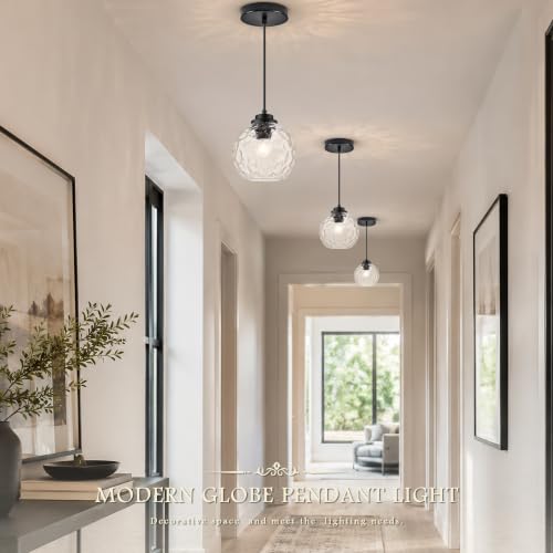 6" Modern Pendant Lights Kitchen Island Black Mid Century Modern Pendant Light Fixtures with Clear Glass Globe 2 Pack Modern Hanging Pendant Light for Bathroom Dining Room （Bulb Incl.） (Black & Hammered Glass / 6 Inch)