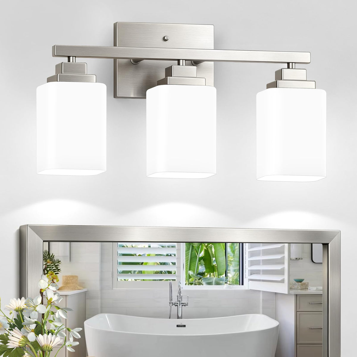 Brushed Nickel Bathroom Light Fixtures (Nickel-White Shade / 3-Light)