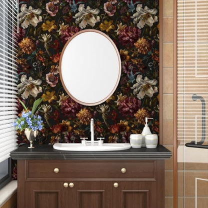 Vintage Black Boho Goth Floral Peel and Stick Wallpaper 17.4"x78.8" (Black/Dark Yellow / 17.4" x 78.8")