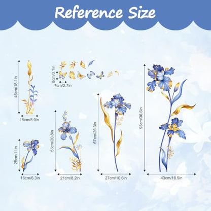 Large Purple Gold Flower Wall Decals Iris Floral Butterfly Plants Leaves Wall Stickers Peel and Stick Art Decor for Bedroom Living Room Sofa TV Background Home Furniture